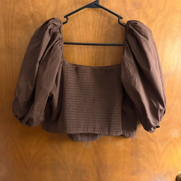 Abercrombie & Fitch Chocolate Brown Emerson Square Neck Crop Top Puff Sleeve Y2K - Picture 3 of 12